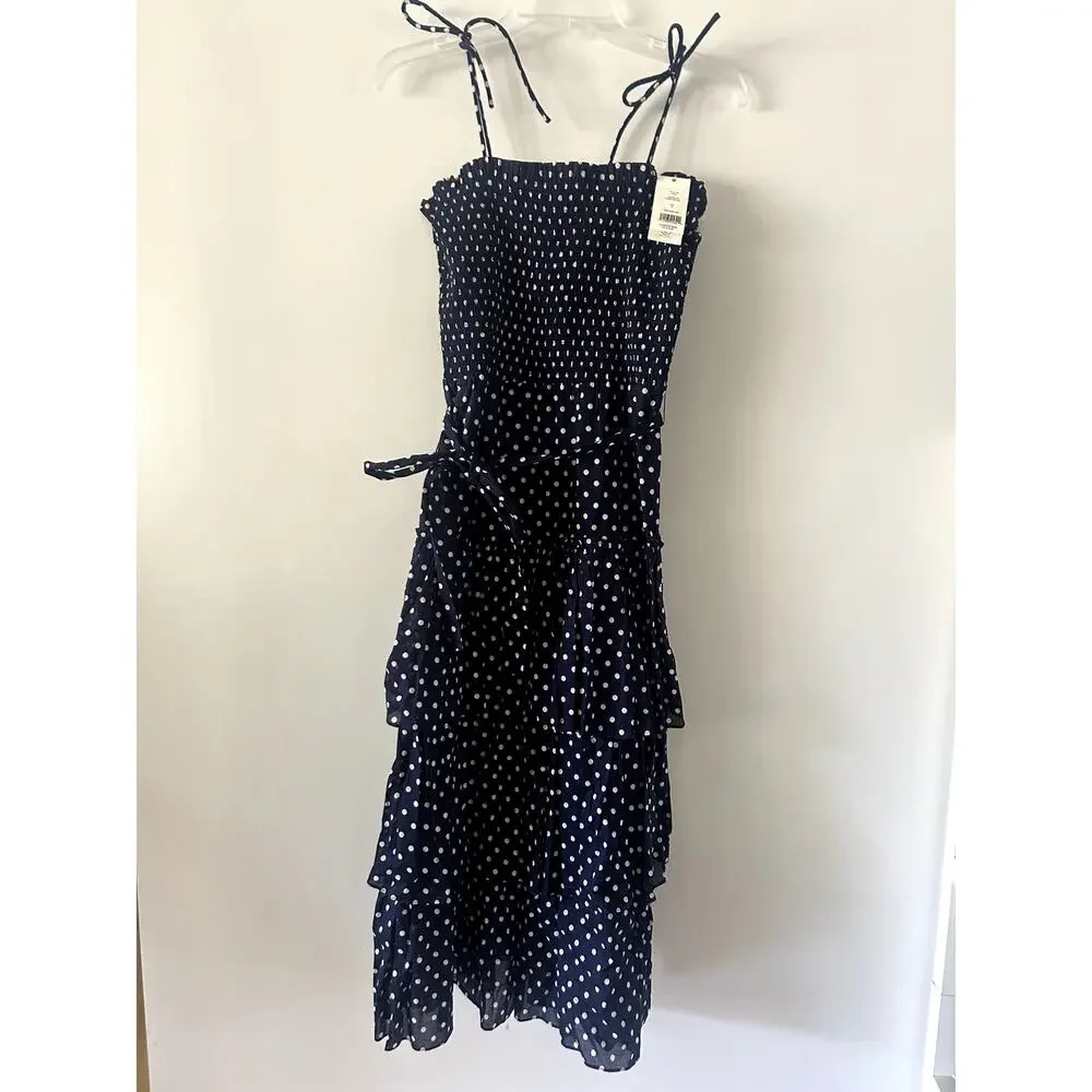 Tory Burch Printed Ruffle Dress Polka Dot Smocked Midi Navy White NWT Size M